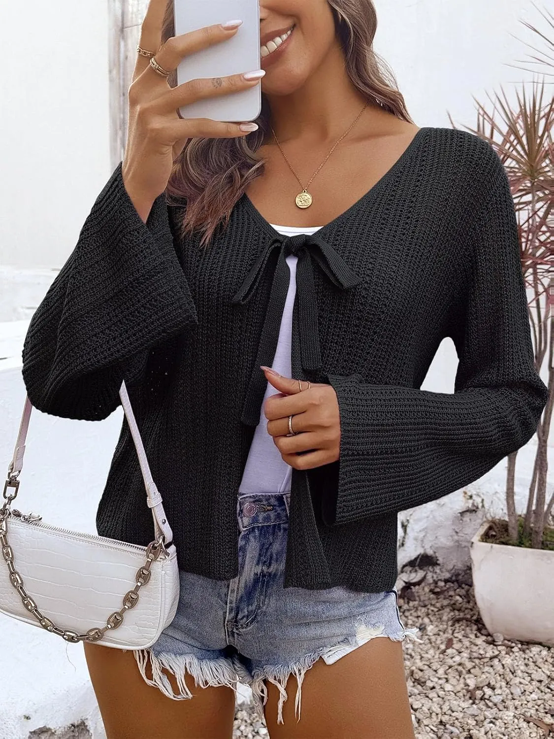 Saodimallsu Womens Summer Crochet Lightweight Cardigans Tie Front Mesh Knit Long Sleeve Casual V Neck Beach Cover Ups