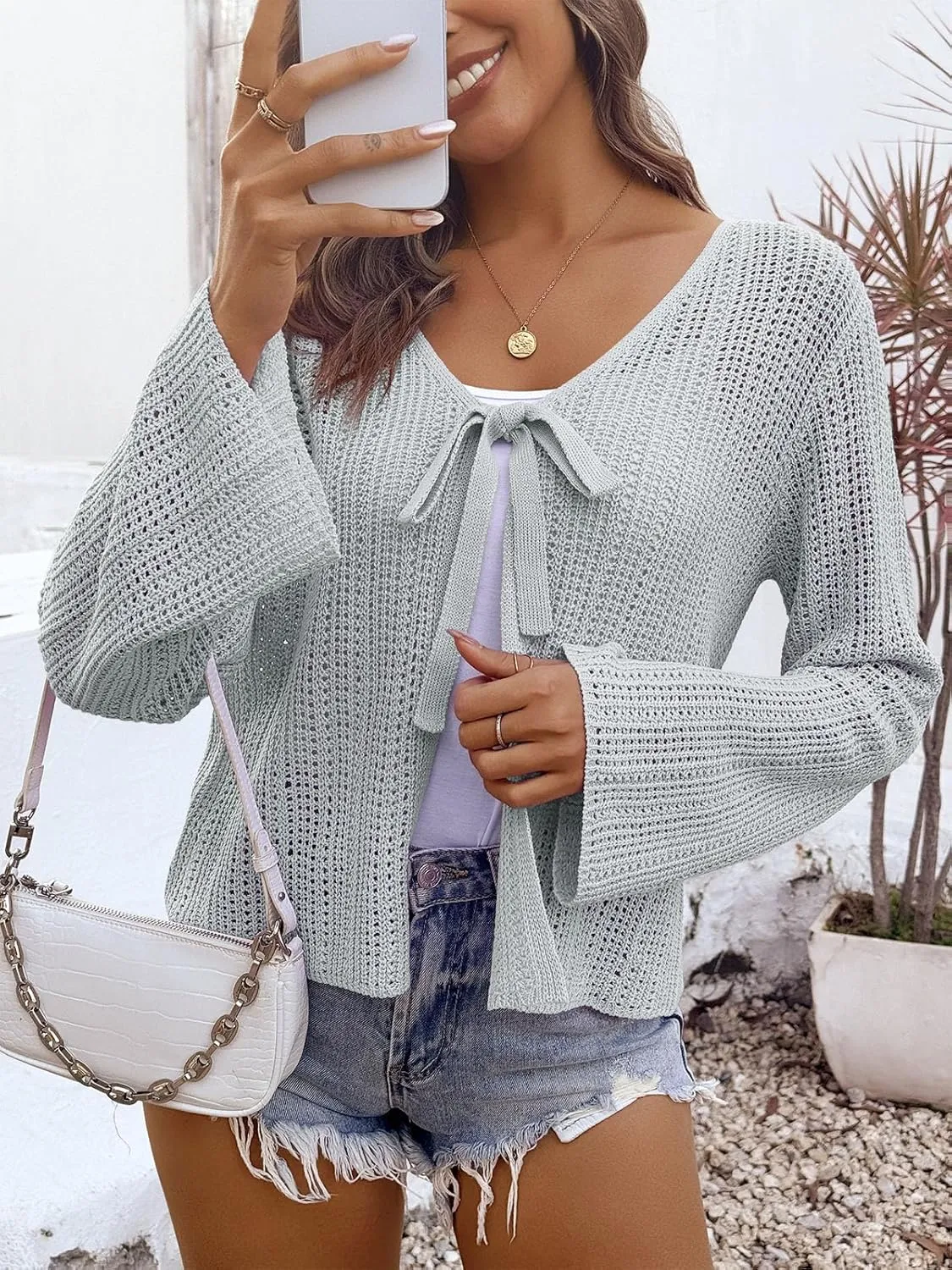 Saodimallsu Womens Summer Crochet Lightweight Cardigans Tie Front Mesh Knit Long Sleeve Casual V Neck Beach Cover Ups