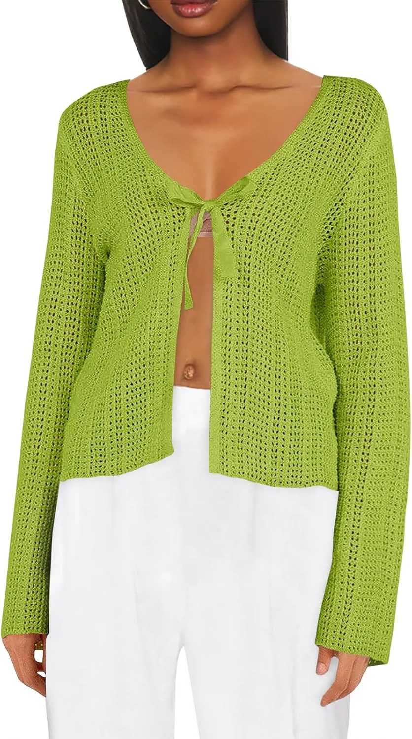Saodimallsu Womens Summer Crochet Lightweight Cardigans Tie Front Mesh Knit Long Sleeve Casual V Neck Beach Cover Ups
