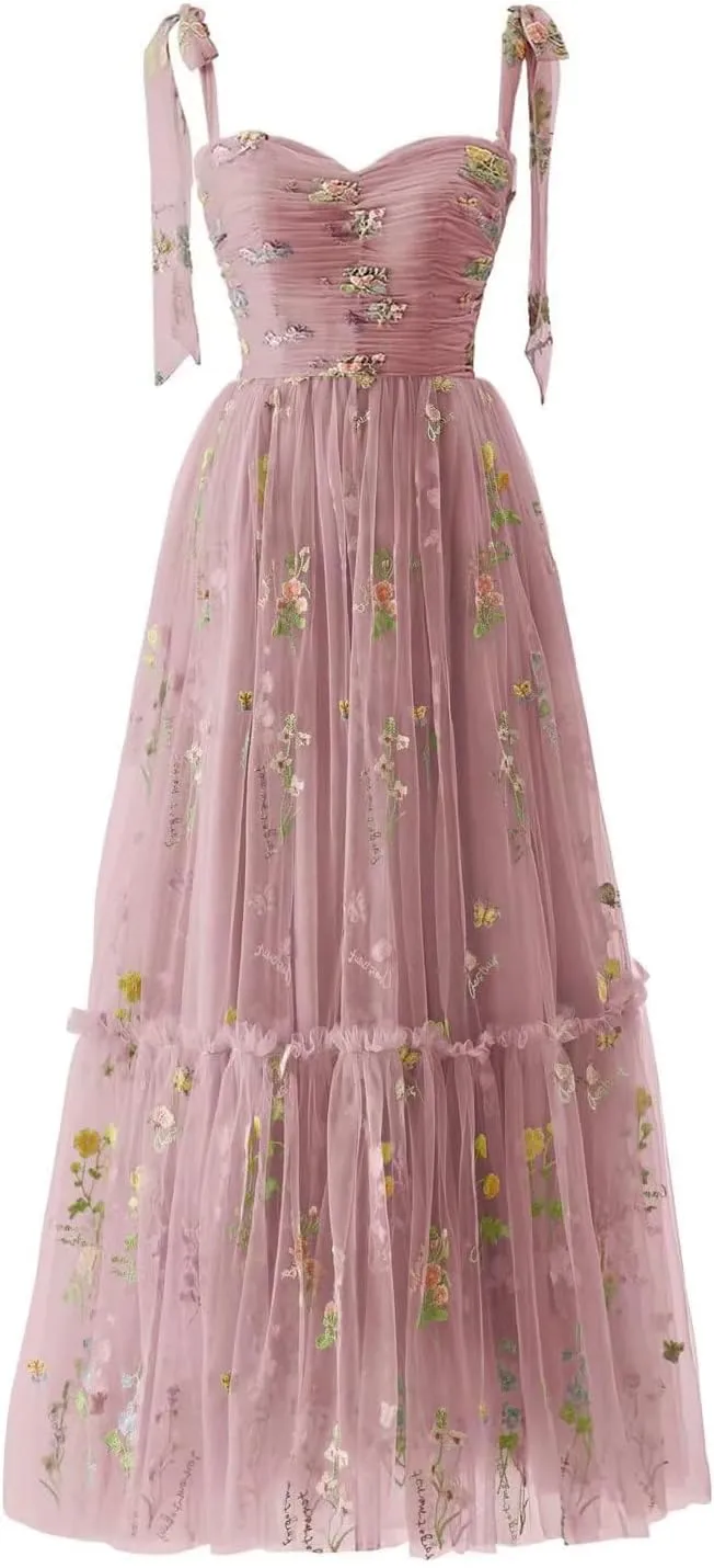 Sevintage Flower Embroidered Tulle Prom Dresses Spaghetti Straps Tea Length Formal Cocktail Party Gown