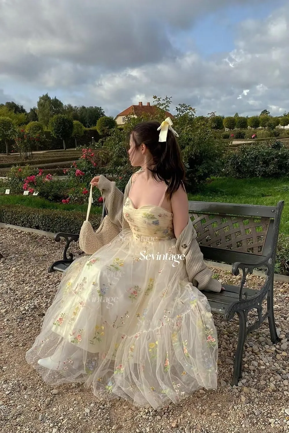 Sevintage Flower Embroidered Tulle Prom Dresses Spaghetti Straps Tea Length Formal Cocktail Party Gown