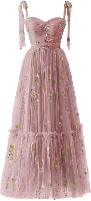 Sevintage Flower Embroidered Tulle Prom Dresses Spaghetti Straps Tea Length Formal Cocktail Party Gown