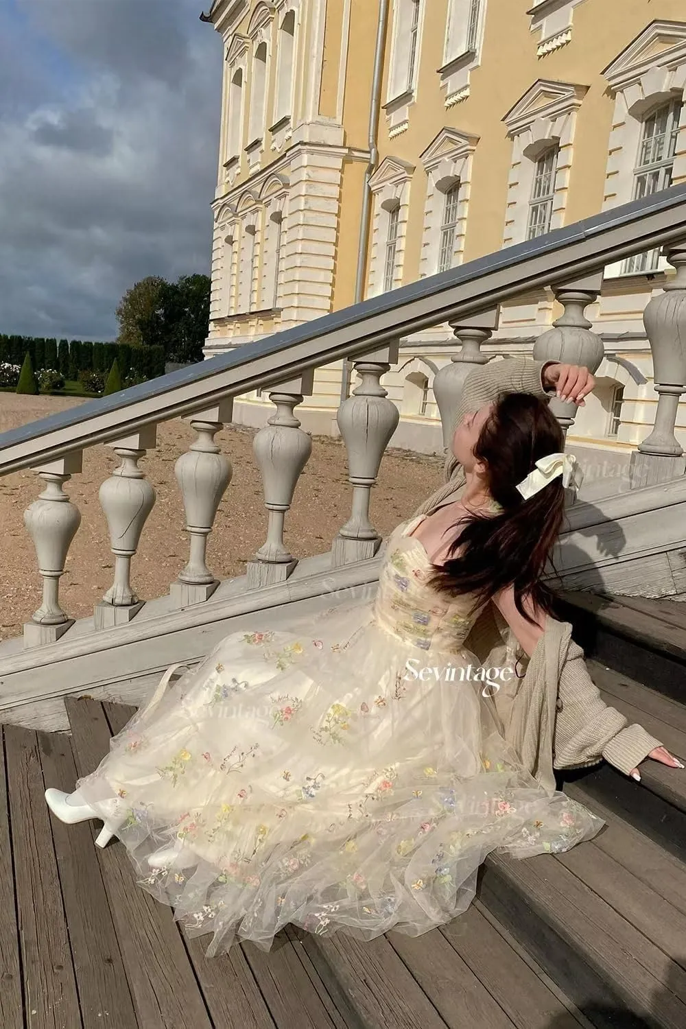 Sevintage Flower Embroidered Tulle Prom Dresses Spaghetti Straps Tea Length Formal Cocktail Party Gown