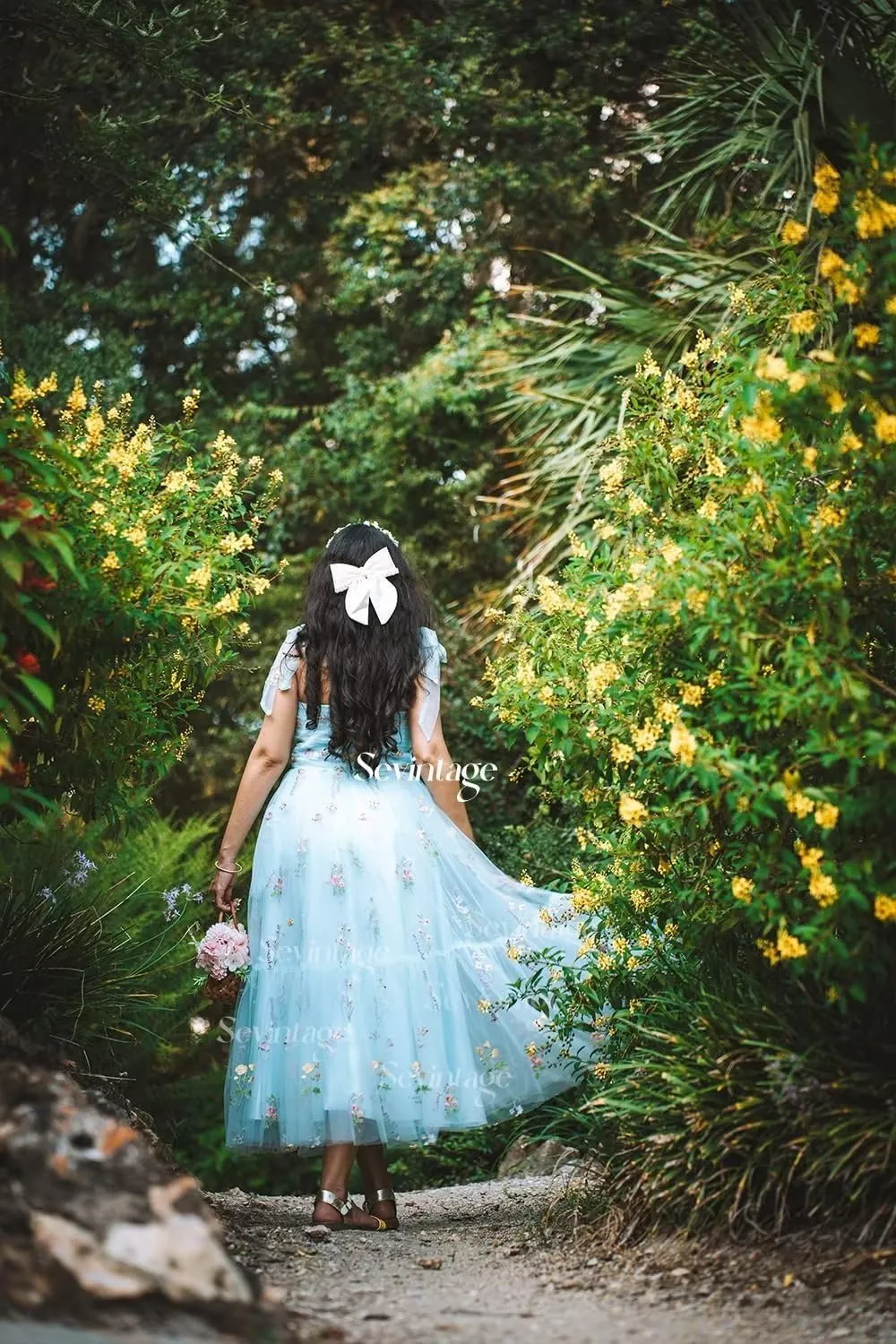 Sevintage Flower Embroidered Tulle Prom Dresses Spaghetti Straps Tea Length Formal Cocktail Party Gown