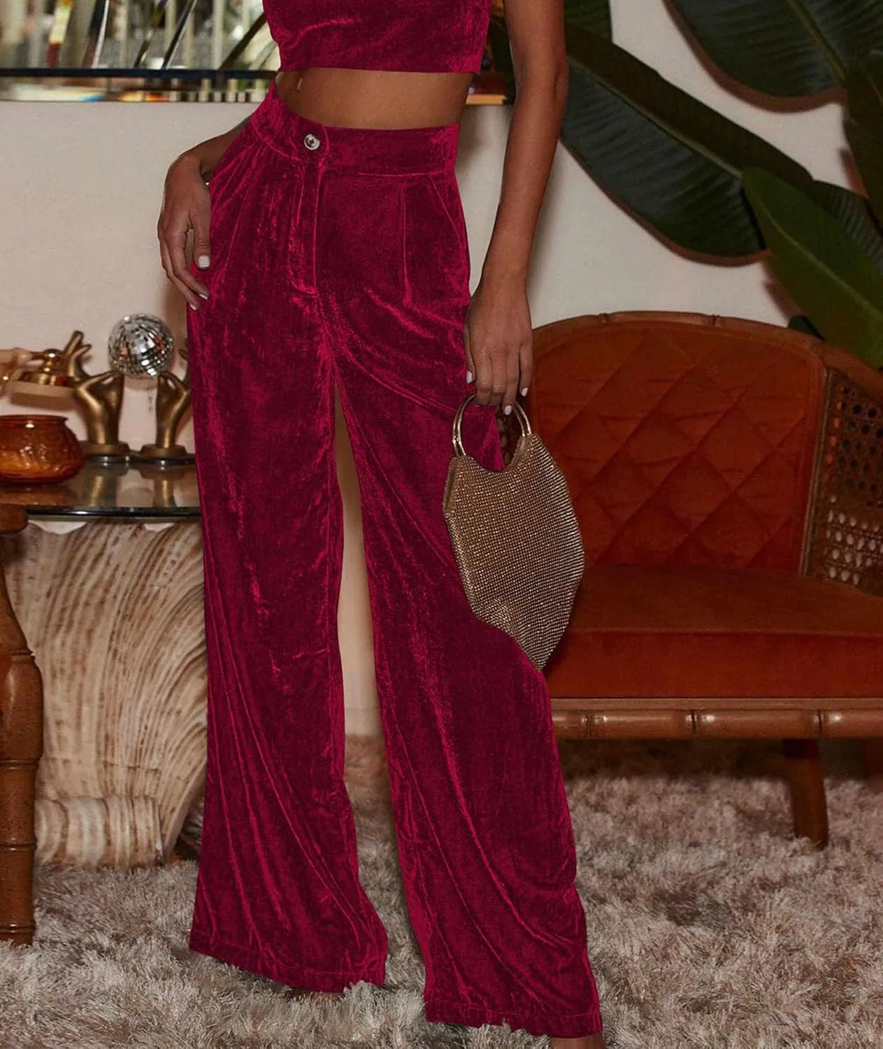 Sexyshine Women's Velvet Flare Leg High Waist Wide Leg Palazzo Pants Bell Bottom Long Flowy Trousers with Pockets