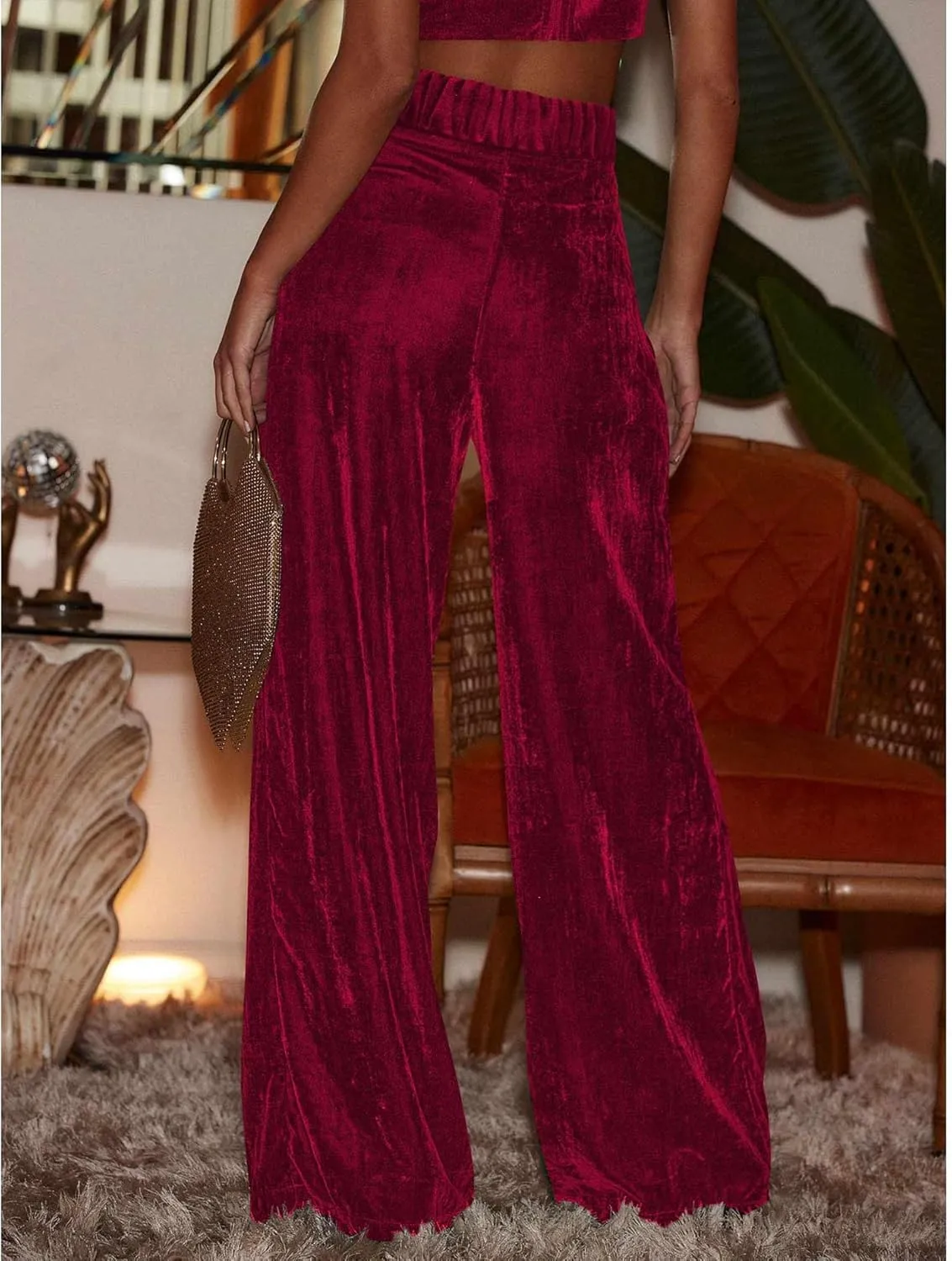 Sexyshine Women's Velvet Flare Leg High Waist Wide Leg Palazzo Pants Bell Bottom Long Flowy Trousers with Pockets