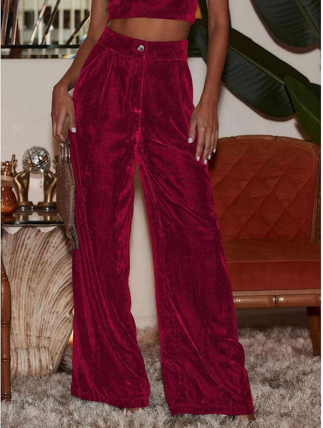 Sexyshine Women's Velvet Flare Leg High Waist Wide Leg Palazzo Pants Bell Bottom Long Flowy Trousers with Pockets