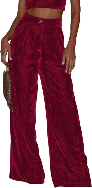 Sexyshine Women's Velvet Flare Leg High Waist Wide Leg Palazzo Pants Bell Bottom Long Flowy Trousers with Pockets