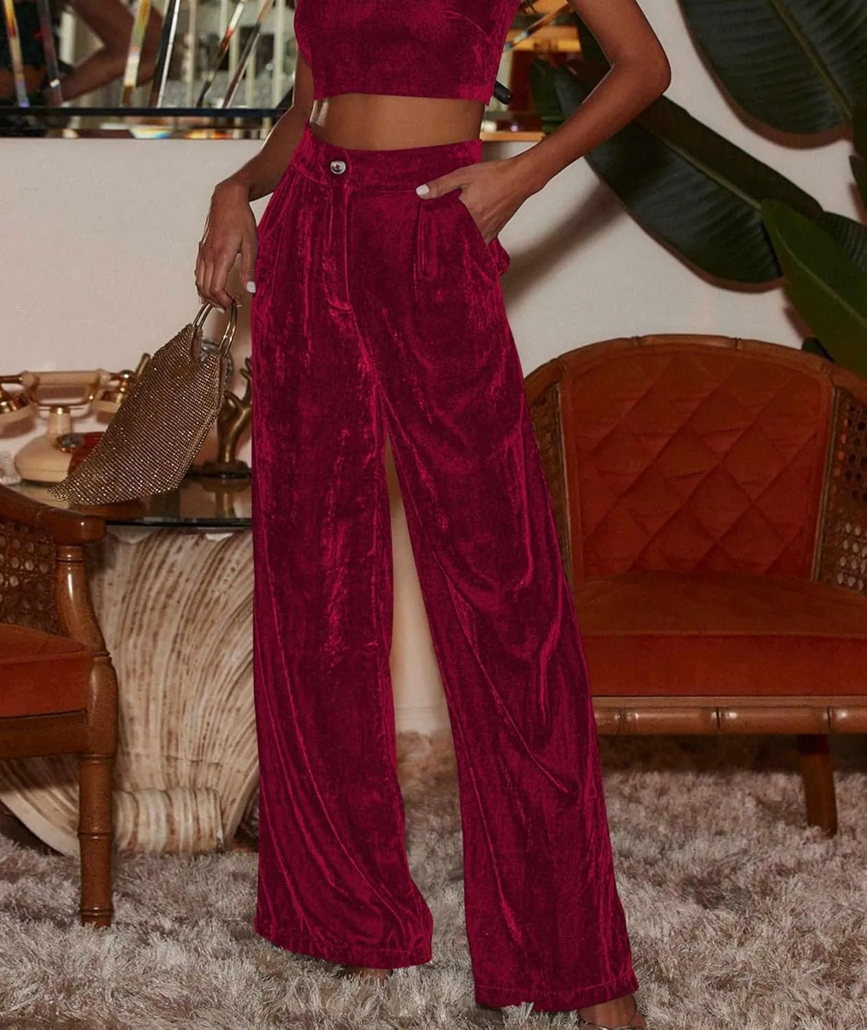 Sexyshine Women's Velvet Flare Leg High Waist Wide Leg Palazzo Pants Bell Bottom Long Flowy Trousers with Pockets