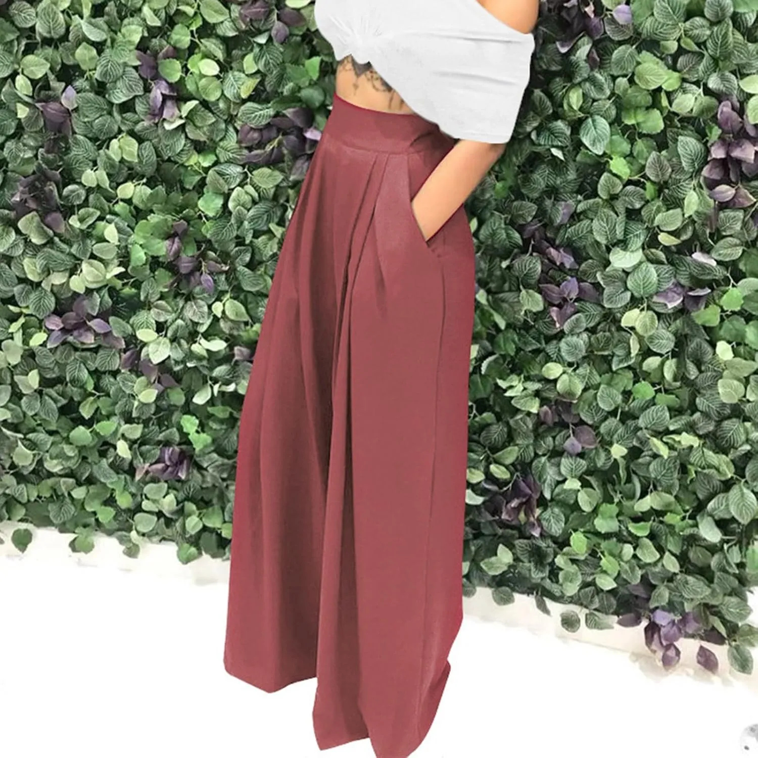 SGASY Womens Palazzo Long Pants High Waist Wide Leg Stretchy Loose Fit Casual Trousers Holiday Flowy Pants with Pocket