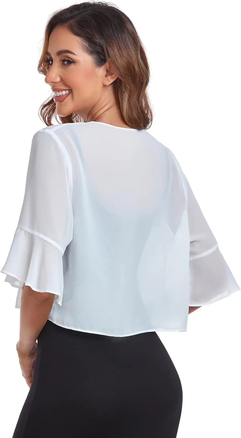 Shrugs for Women Chiffon Bolero Shrug Short Sleeve Open Front Summer Cropped Cardigan for Dresses