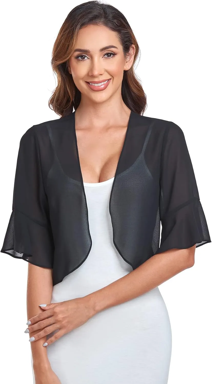 Shrugs for Women Chiffon Bolero Shrug Short Sleeve Open Front Summer Cropped Cardigan for Dresses