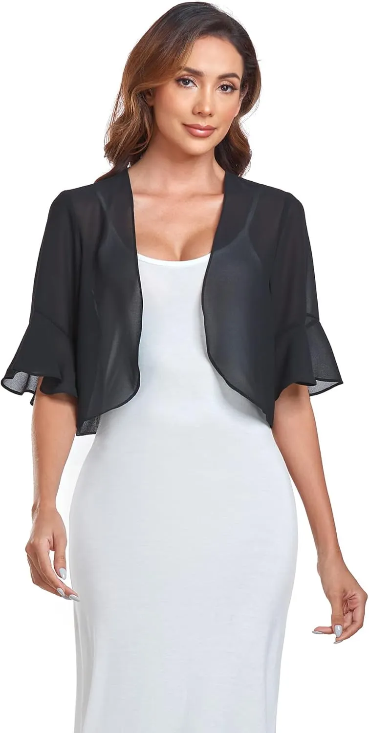 Shrugs for Women Chiffon Bolero Shrug Short Sleeve Open Front Summer Cropped Cardigan for Dresses