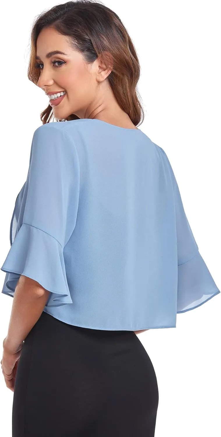 Shrugs for Women Chiffon Bolero Shrug Short Sleeve Open Front Summer Cropped Cardigan for Dresses