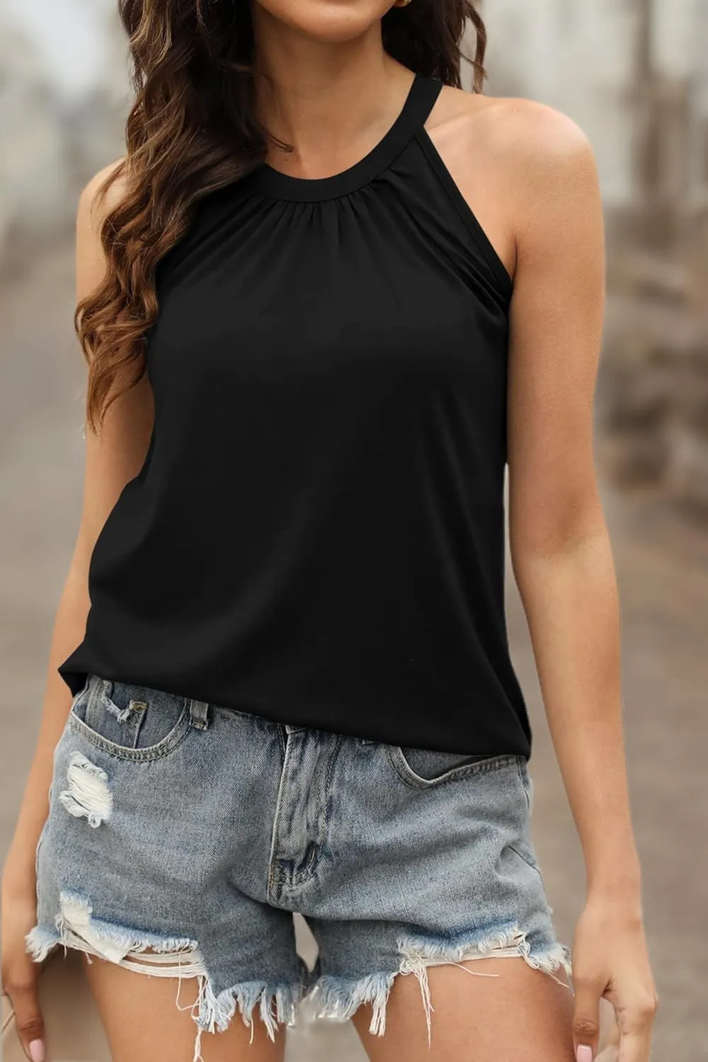 Sieanear Tank Top for Women Summer Halter Tops Pleated Sleeveless Cami Shirts