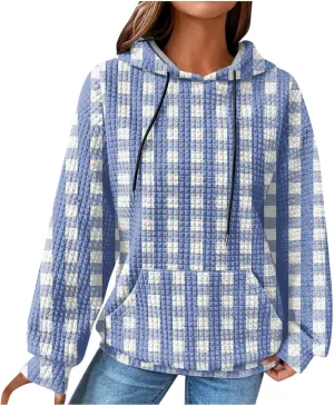 SMIDOW Pliad Waffle Knit Hoodies For Women Fall Fashion 2023 Oversized Drawstring Pullovers Casual Gingham Hooded Sweatshirts