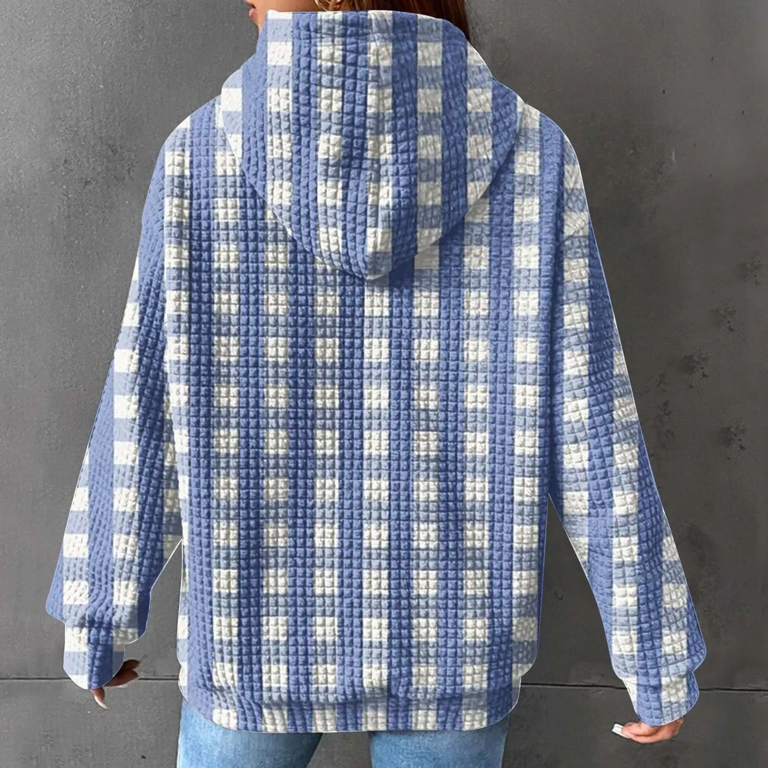 SMIDOW Pliad Waffle Knit Hoodies For Women Fall Fashion 2023 Oversized Drawstring Pullovers Casual Gingham Hooded Sweatshirts