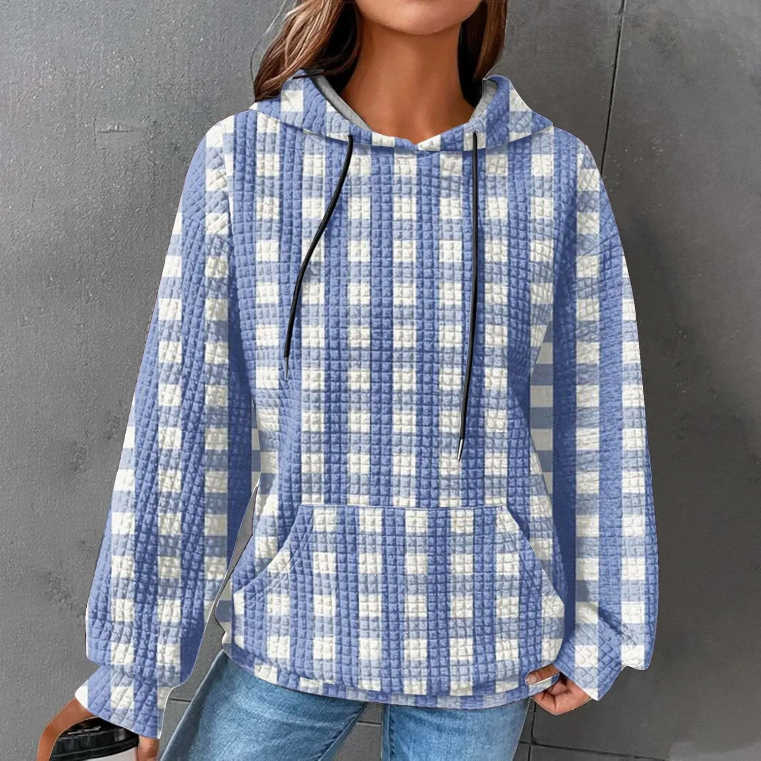SMIDOW Pliad Waffle Knit Hoodies For Women Fall Fashion 2023 Oversized Drawstring Pullovers Casual Gingham Hooded Sweatshirts