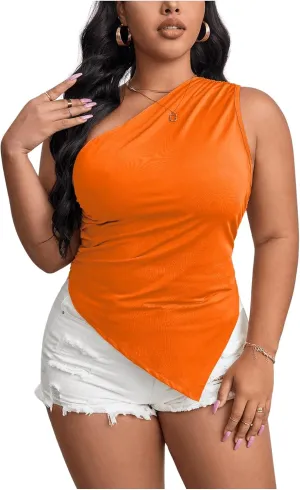 SOLY HUX Women's Plus Size One Shoulder Tank Top Sleeveless Asymmetrical Shirt Tops