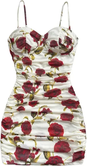 SOLY HUX Women's Summer Floral Corset Dress Spaghetti Strap Ruched Mesh Bodycon Vacation Mini Dresses