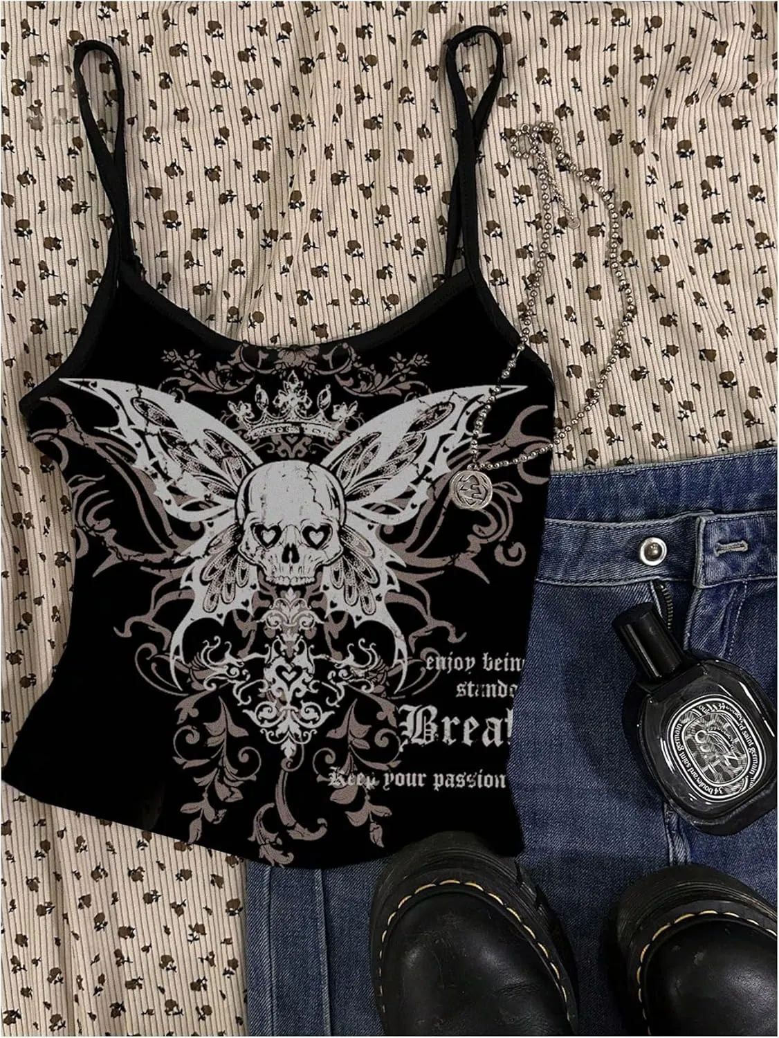 SOLY HUX Women's Y2k Gothic Cami Crop Top Skull Graphic Spaghetti Strap Camisole Tops