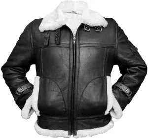 SpazeUp Mens Sheepskin Leather Jacket - Faux Shearling Brown Real Leather Bomber Jackets for Men