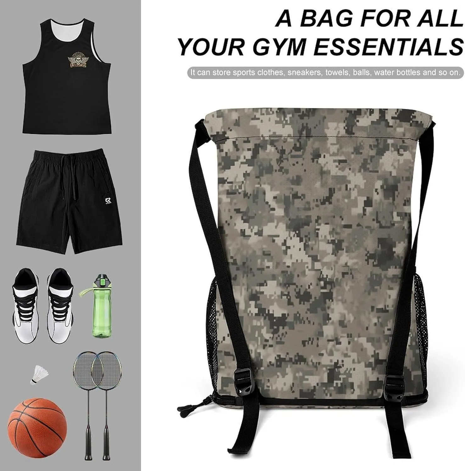 Sport Drawstring Backpack Beach Bag Army Digital Camouflage Drawstring Bag Suitable for Fitness And Swimming