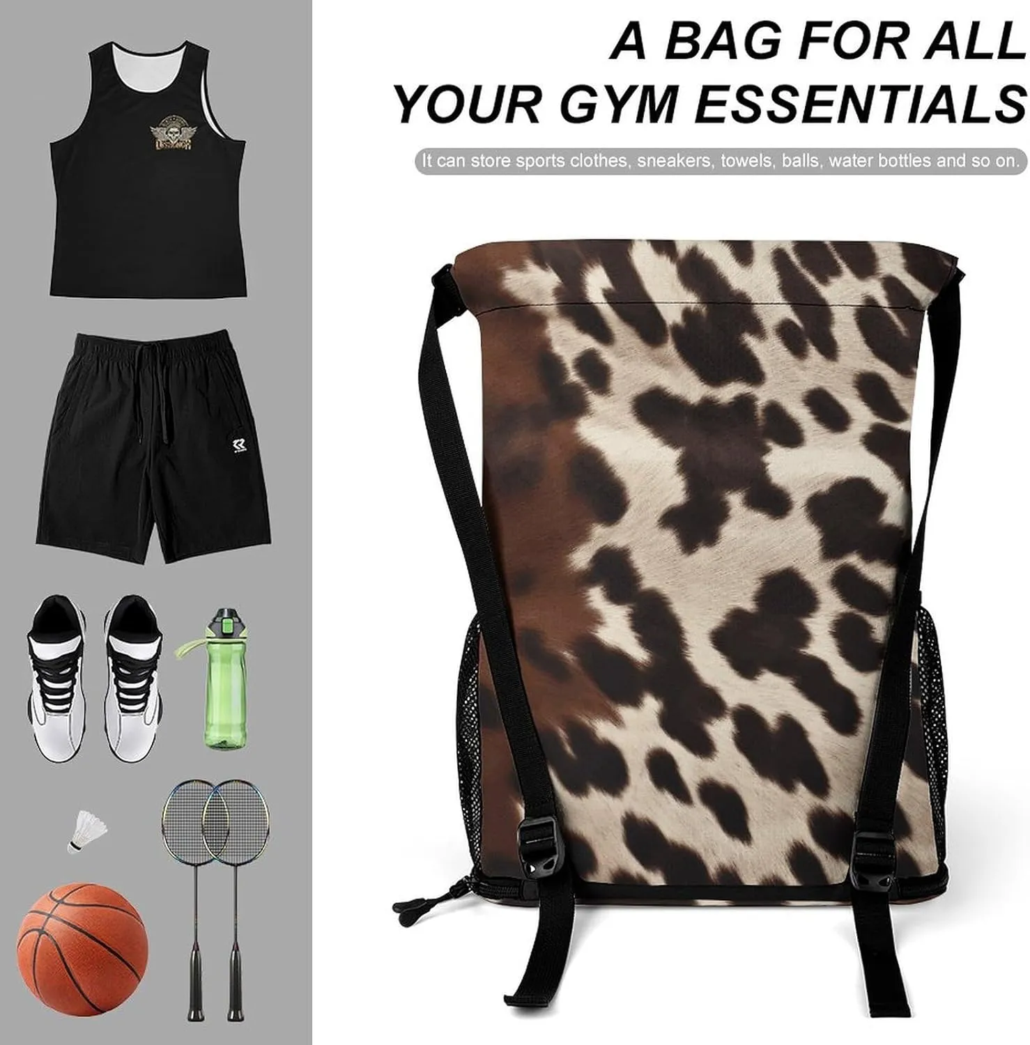 Sport Drawstring Backpack Beach Bag Brown Cowhide Drawstring Bag Suitable for Fitness And Swimming