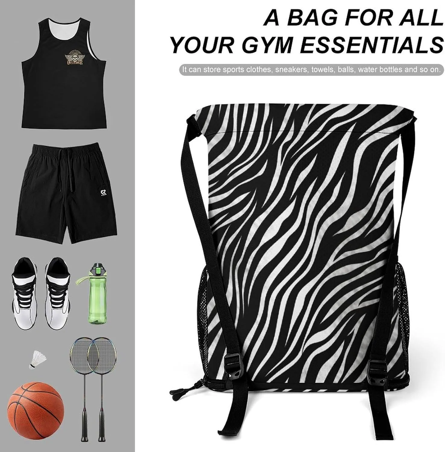 Sport Drawstring Backpack Beach Bag Zebra Print Drawstring Bag Suitable for Fitness And Swimming