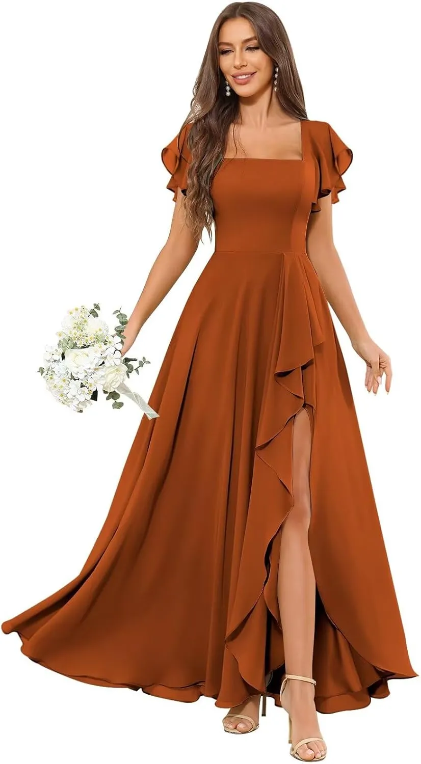 Square Neck Chiffon Bridesmaid Dress with Slit Ruffle Short Sleeve Long Formal Evening Gowns