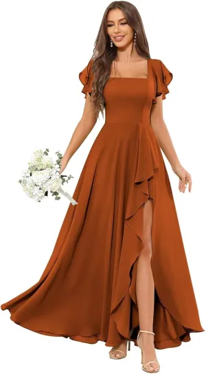 Square Neck Chiffon Bridesmaid Dress with Slit Ruffle Short Sleeve Long Formal Evening Gowns