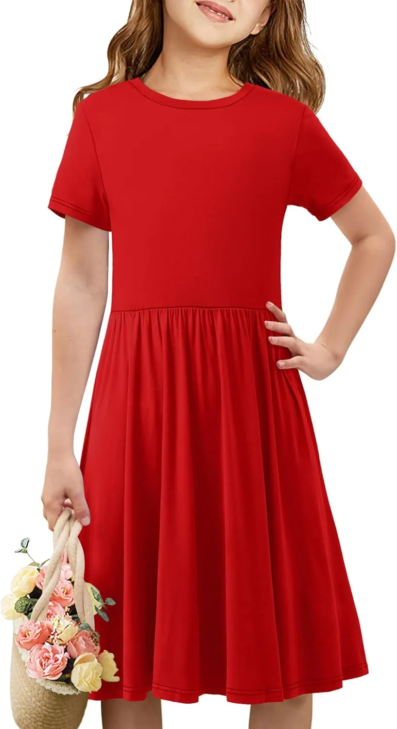 storeofbaby Girls Short Sleeve Dress Casual A Line Twirly Skater Dresses 4-13 Years
