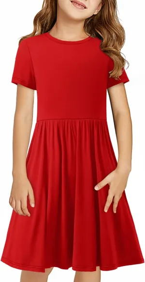 storeofbaby Girls Short Sleeve Dress Casual A Line Twirly Skater Dresses 4-13 Years