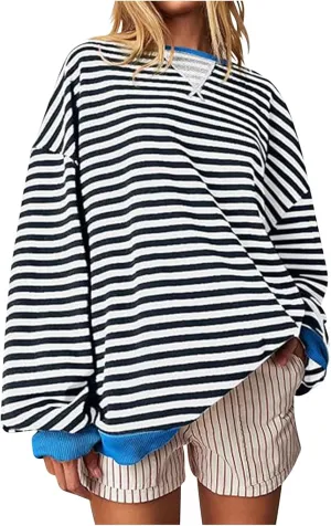 Striped Sweatshirt For Women 2024 Cute Fall Fashion Oversized Long Sleeve Crewneck Pullover Tops Teens y2k Outfits