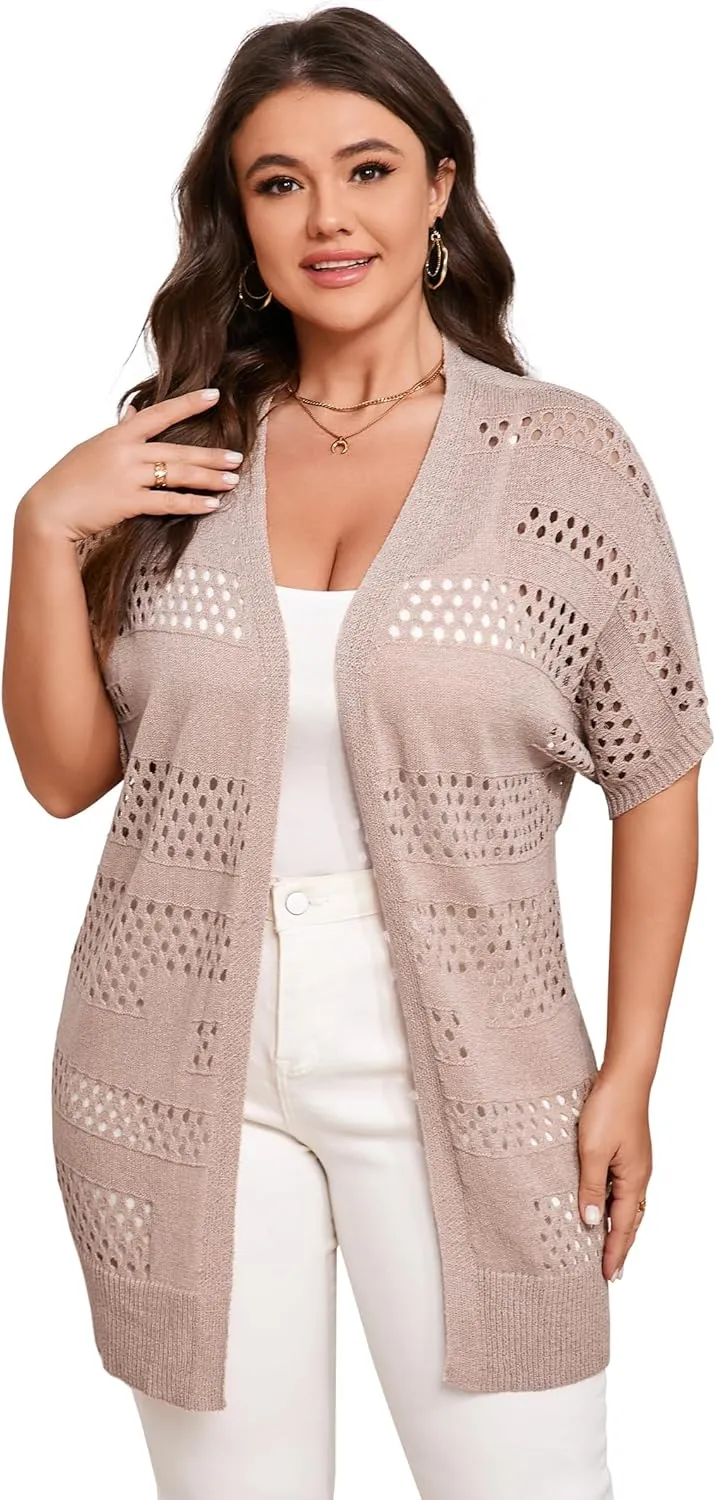 Summer Crochet Cardigan Plus Size Women Short Sleeve Open Front Knitted Cardigans Lightweight Cover Up for Beach