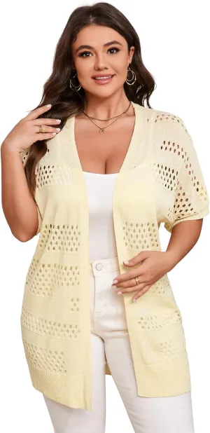 Summer Crochet Cardigan Plus Size Women Short Sleeve Open Front Knitted Cardigans Lightweight Cover Up for Beach