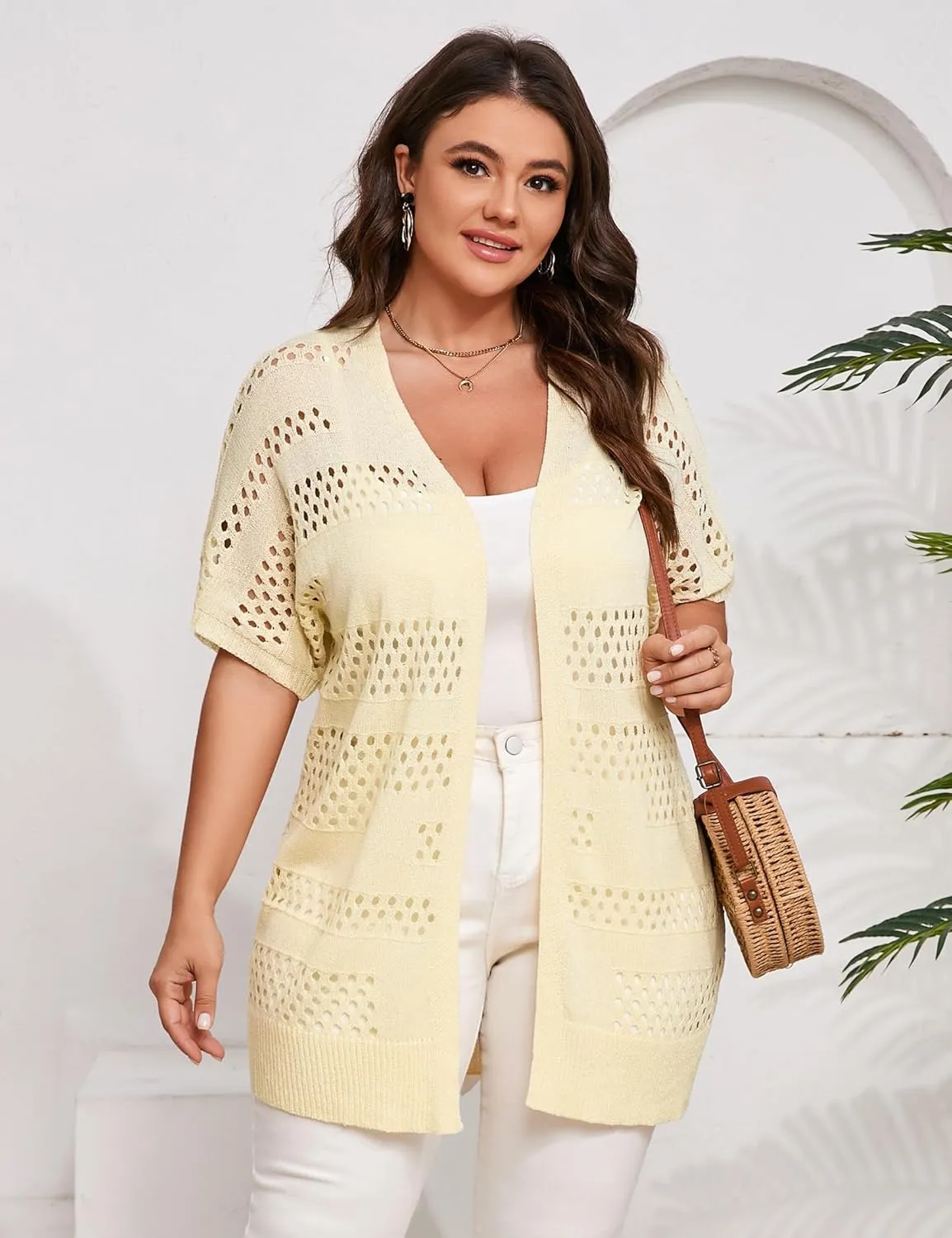Summer Crochet Cardigan Plus Size Women Short Sleeve Open Front Knitted Cardigans Lightweight Cover Up for Beach