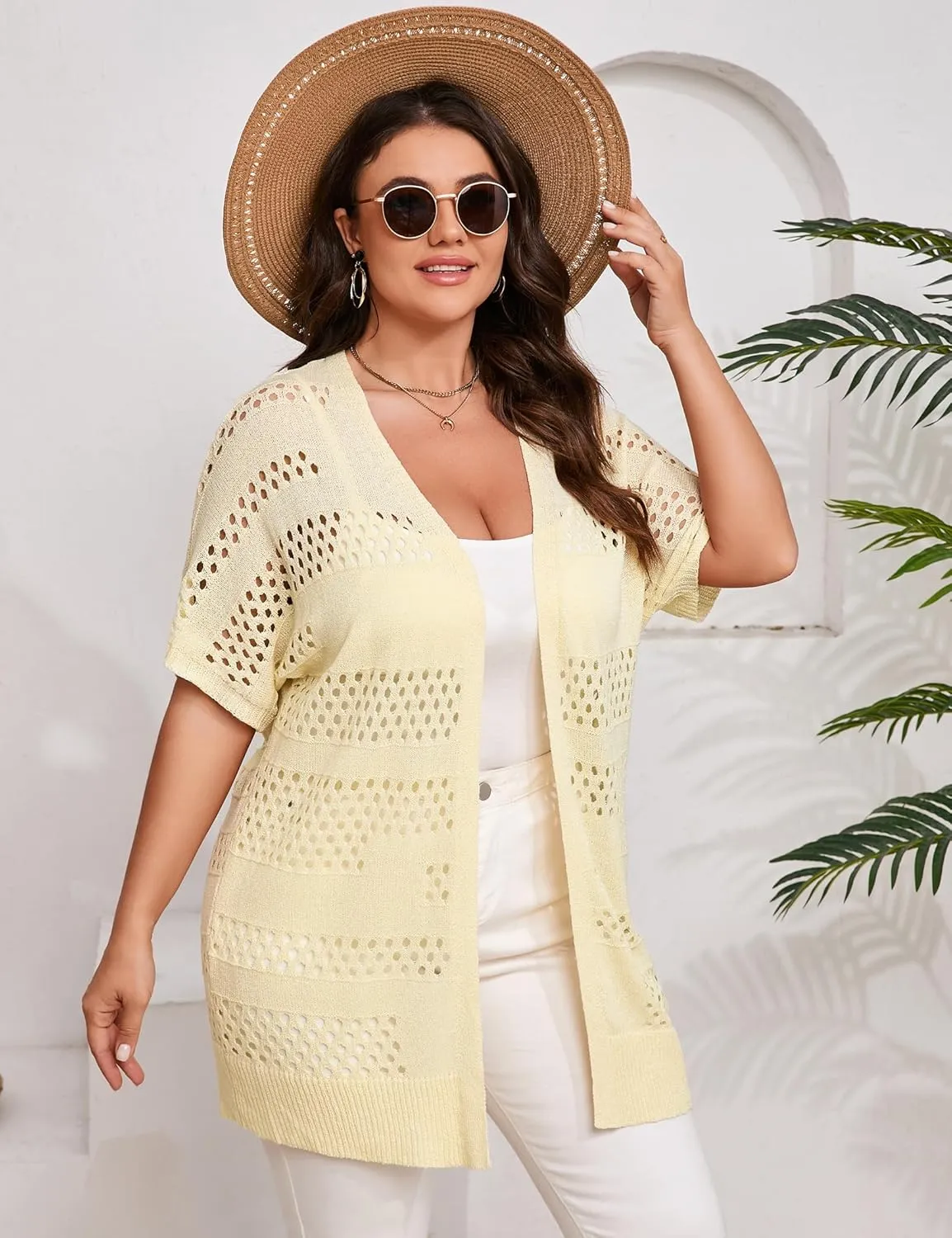 Summer Crochet Cardigan Plus Size Women Short Sleeve Open Front Knitted Cardigans Lightweight Cover Up for Beach