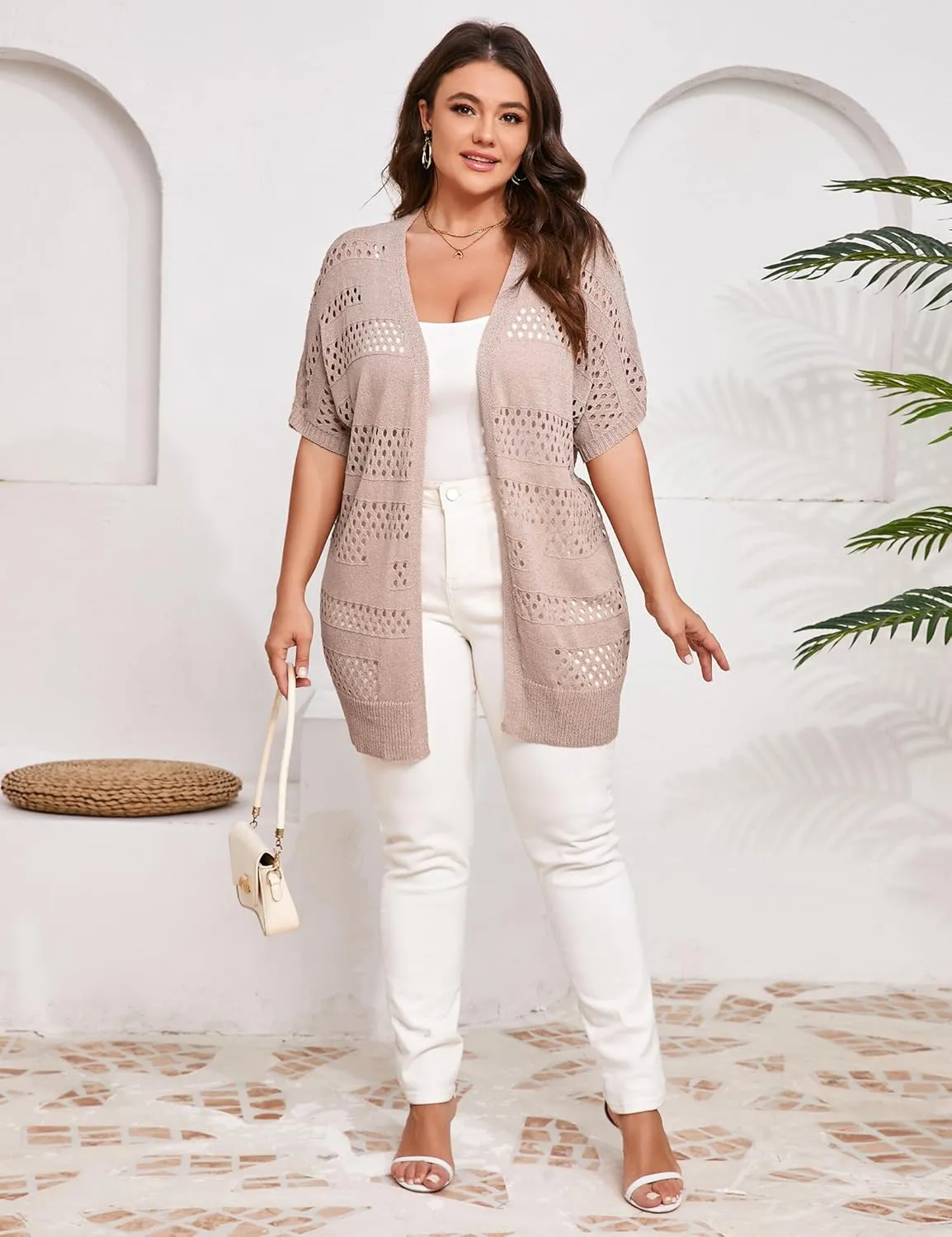 Summer Crochet Cardigan Plus Size Women Short Sleeve Open Front Knitted Cardigans Lightweight Cover Up for Beach