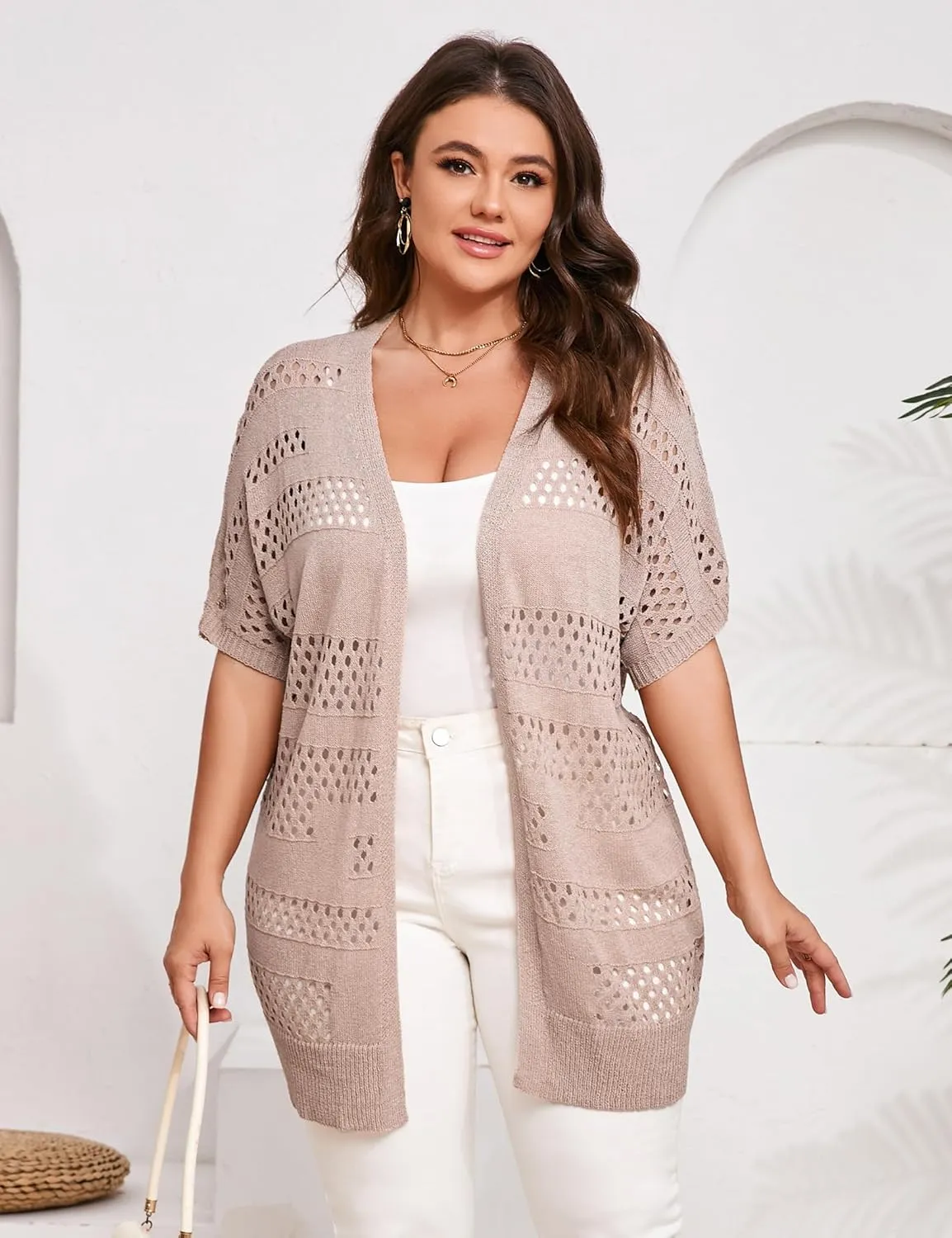 Summer Crochet Cardigan Plus Size Women Short Sleeve Open Front Knitted Cardigans Lightweight Cover Up for Beach
