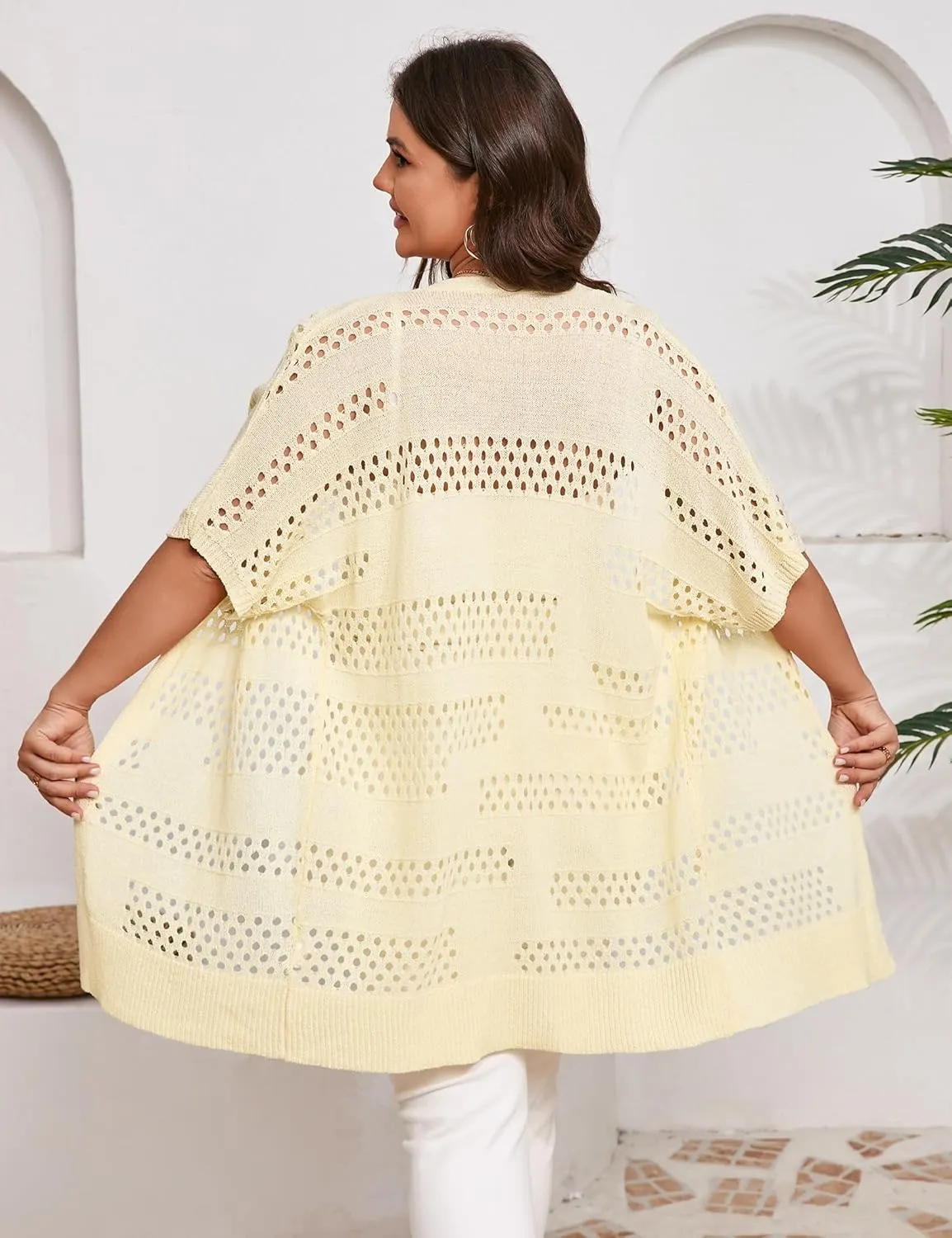 Summer Crochet Cardigan Plus Size Women Short Sleeve Open Front Knitted Cardigans Lightweight Cover Up for Beach