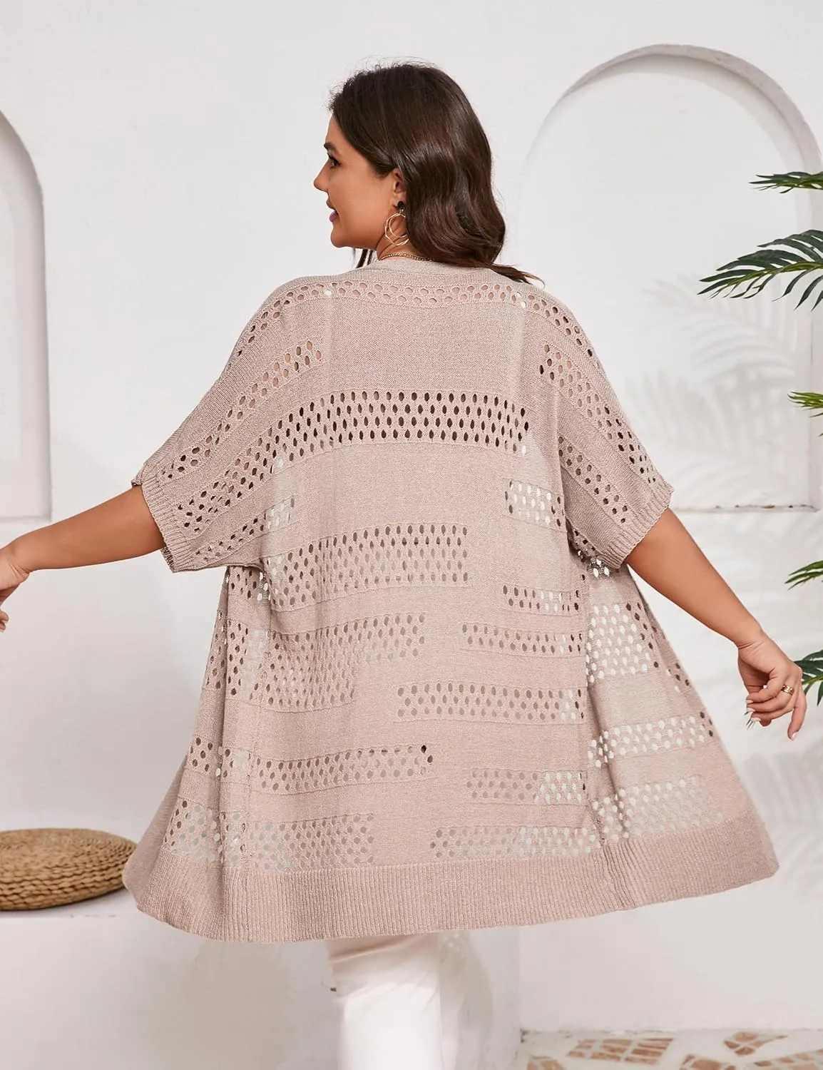 Summer Crochet Cardigan Plus Size Women Short Sleeve Open Front Knitted Cardigans Lightweight Cover Up for Beach