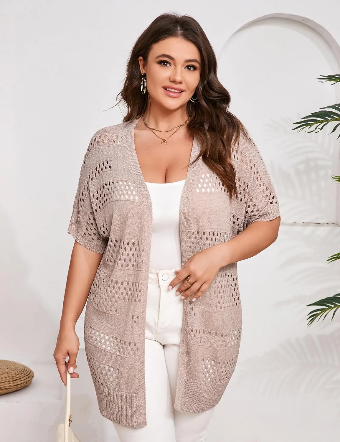 Summer Crochet Cardigan Plus Size Women Short Sleeve Open Front Knitted Cardigans Lightweight Cover Up for Beach