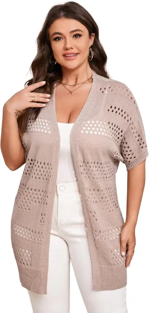 Summer Crochet Cardigan Plus Size Women Short Sleeve Open Front Knitted Cardigans Lightweight Cover Up for Beach