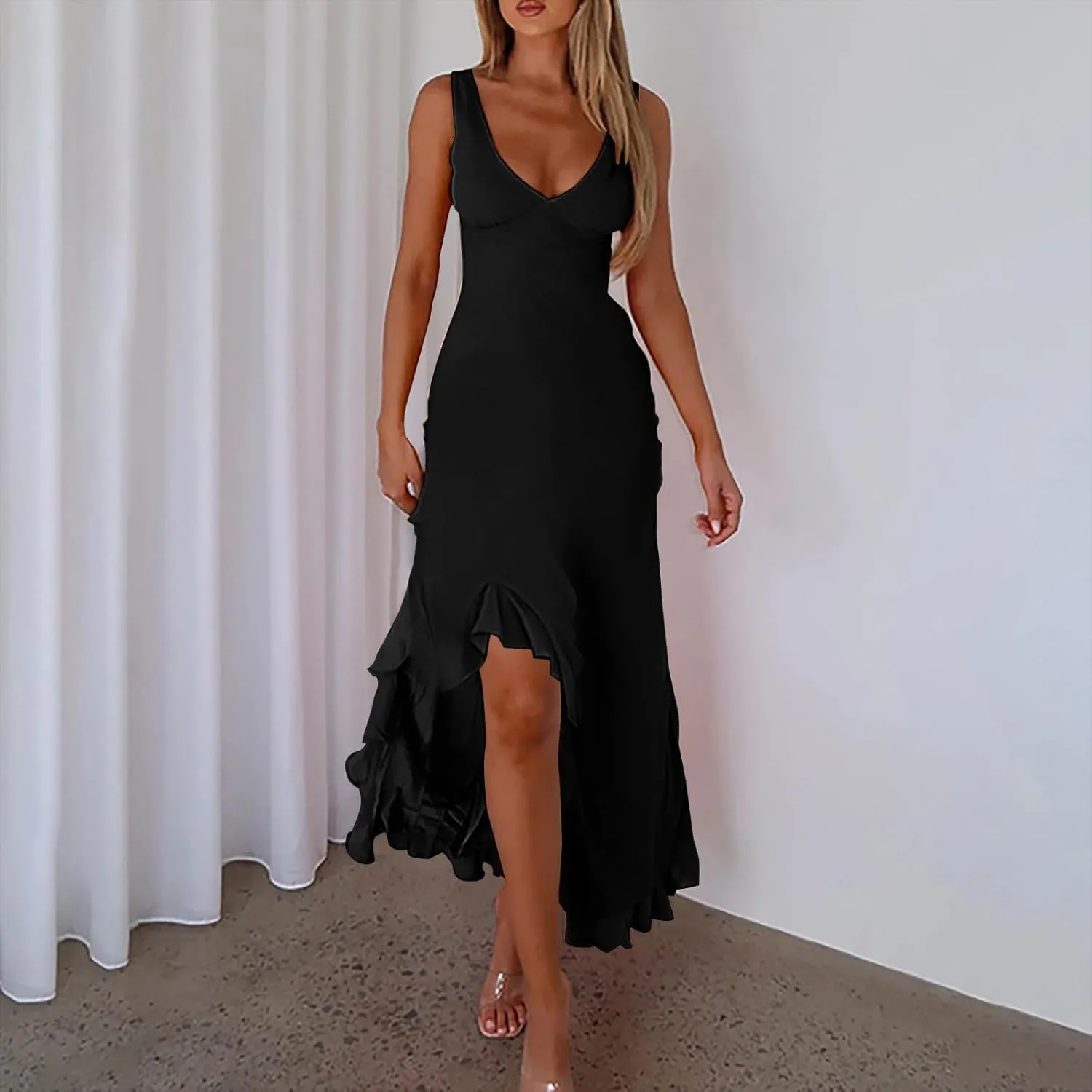 Summer Dresses for Women 2025 Deep V Neck Sleeveless Sundress Fashion Split Flowy Fitted Club Evening Party Dress