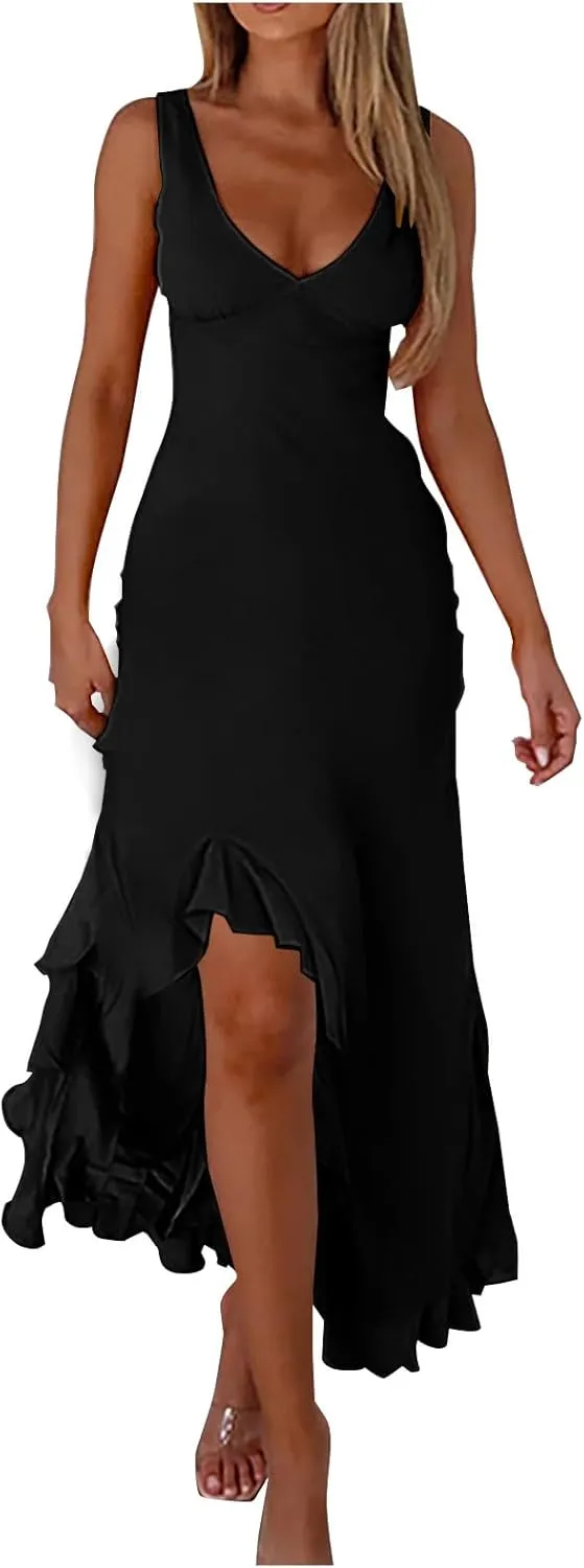 Summer Dresses for Women 2025 Deep V Neck Sleeveless Sundress Fashion Split Flowy Fitted Club Evening Party Dress