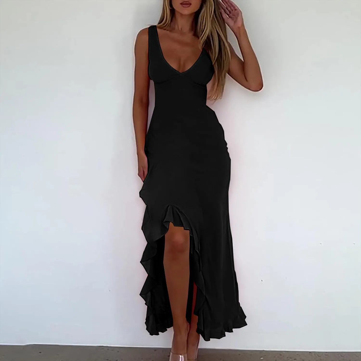 Summer Dresses for Women 2025 Deep V Neck Sleeveless Sundress Fashion Split Flowy Fitted Club Evening Party Dress
