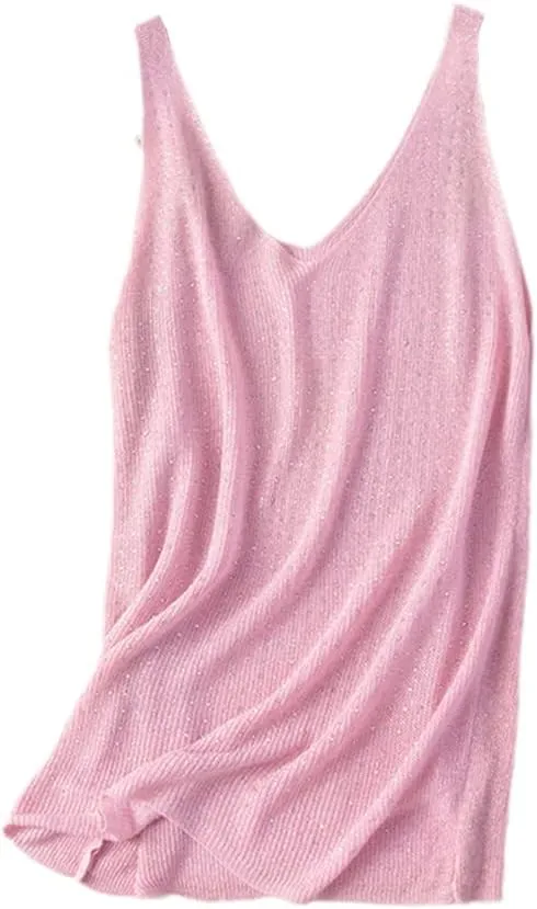 Summer Knitted Tank for Women Sleeveless Bling Diamond Vest White Black Loose Camisole Tops
