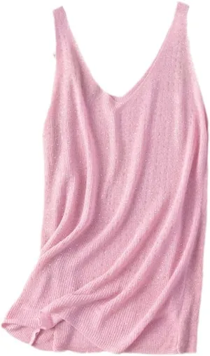 Summer Knitted Tank for Women Sleeveless Bling Diamond Vest White Black Loose Camisole Tops