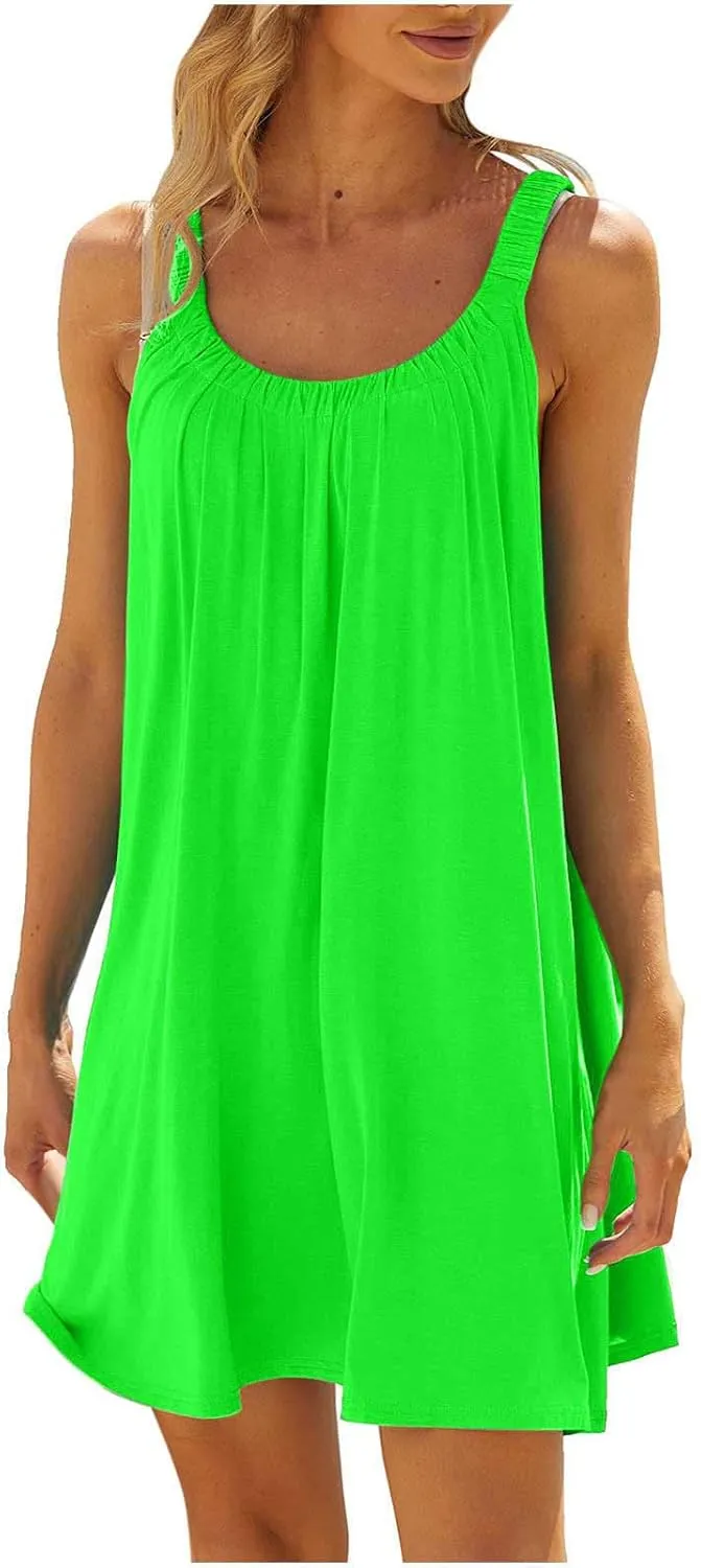 Sun Dresses Women Sleeveless Crewneck Mini Dress Ruffle Summer Beach Coverup Sundress Casual Hawaiian Outfits